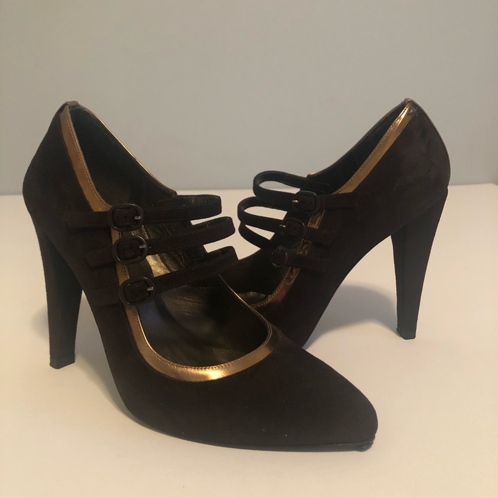 Stuart Wietzman Brown&Gold Maryjane Suede Heel 6.5